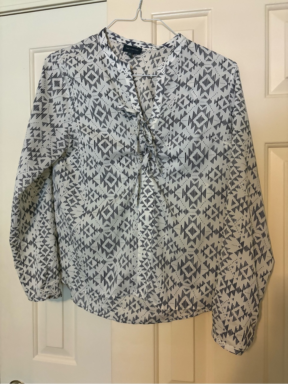 The Limited White & Black Geometric Tie-Front Blouse
